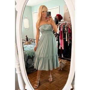 Eyelet Maxi Dress‎ Strapless Ruffle Trim Smocked Blue Dress Size M